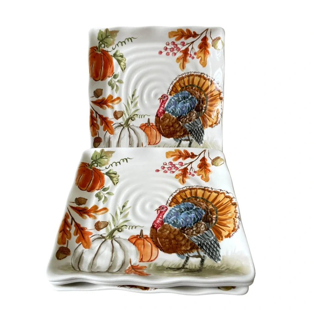 MAXCERA Thanksgiving Turkey Pumpkin Dinner Plates 11in Square Ceramic Set of 3